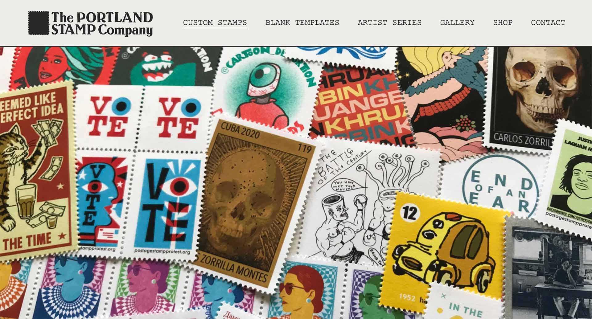 A collage of stamps containing colorful artwork