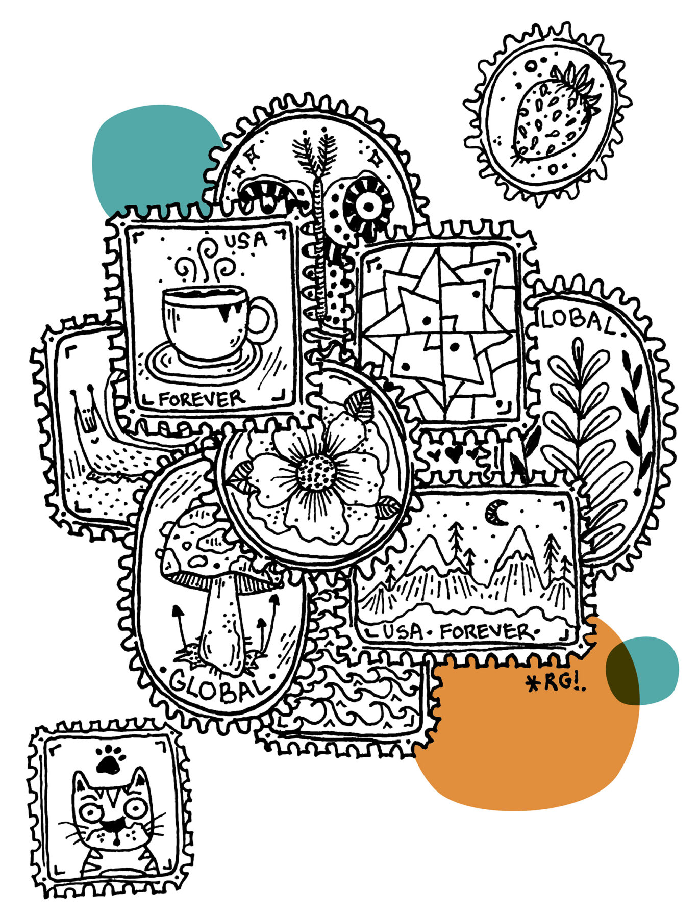 A stylized image with hand-drawn stamps