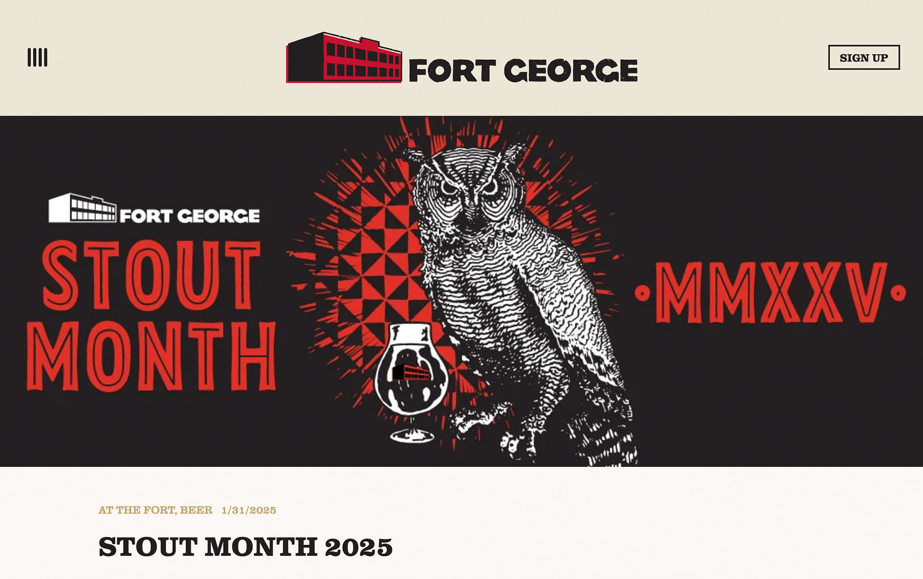 Screenshot from the Fort George Brewery website featuring a graphic about Stout Month 2025