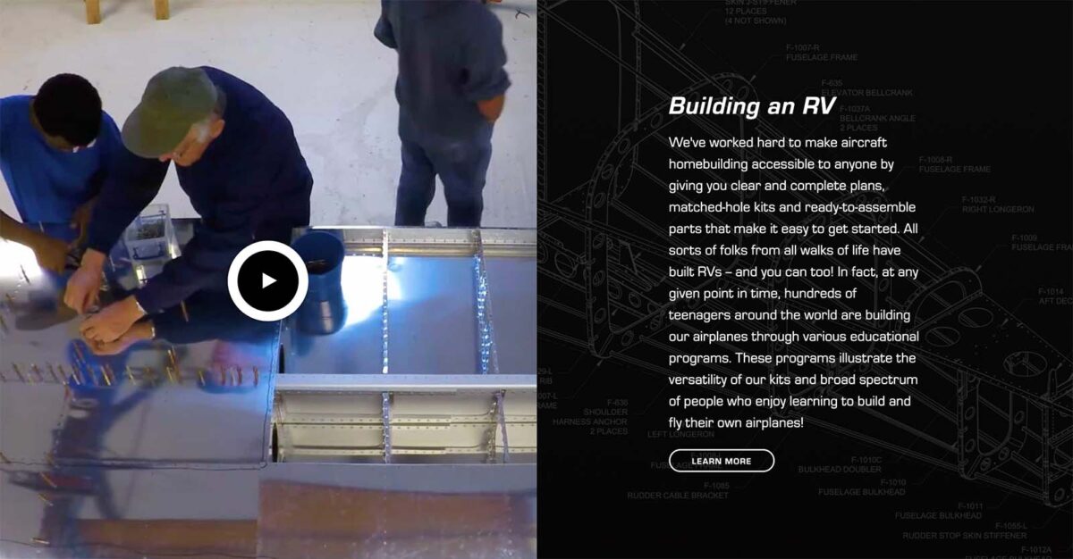 A website content module featuring an older engineer helping a young intern assemble an aircraft wing.