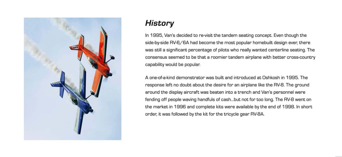 A website content module showing a photo of two inverted aircraft in an air show paired with text about company history.