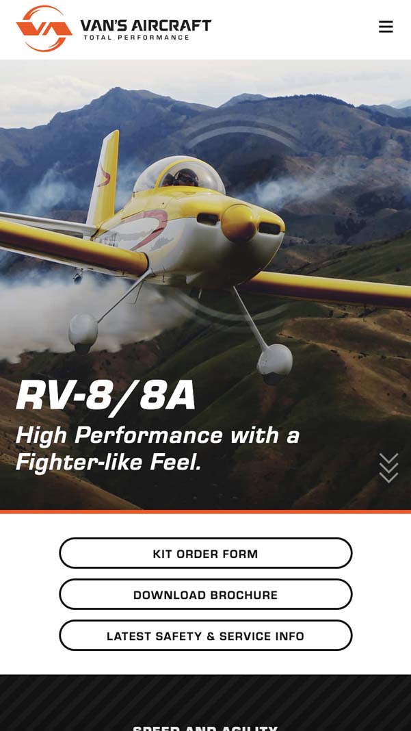 A mobile web page showing a Van's Aircraft RV-8 airplane.