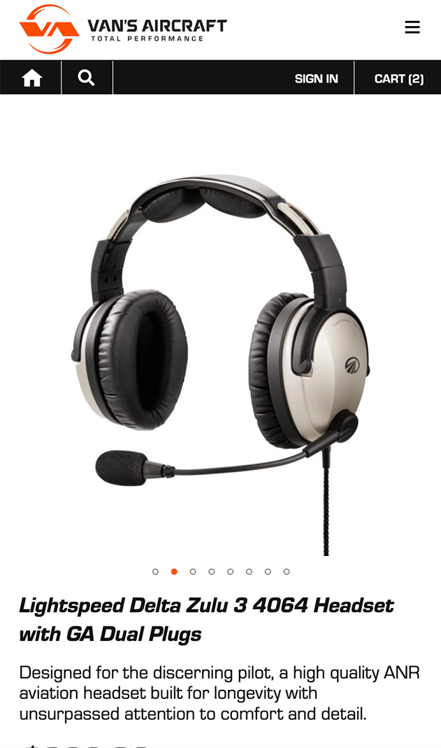 The mobile web page of a Van's Aircraft product, the Lightspeed Delta Zulu 3 4064 Headset with GA Dual Plugs.