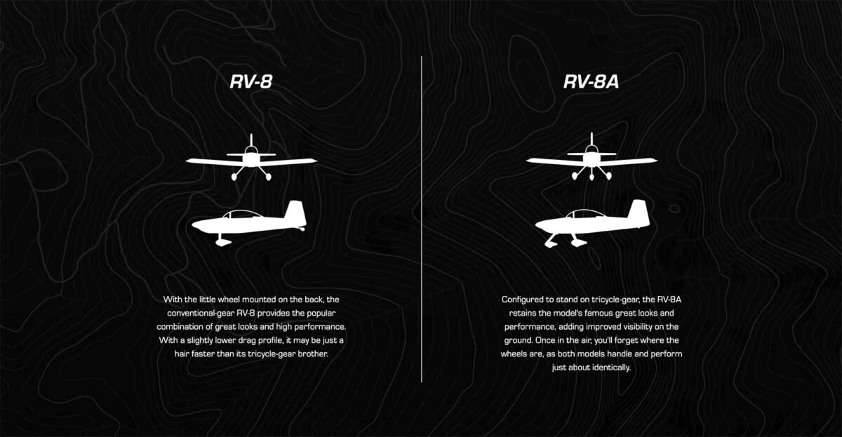 A side-by-side comparison of the RV-8 and RV-8A aircraft featuring plane silhouettes.