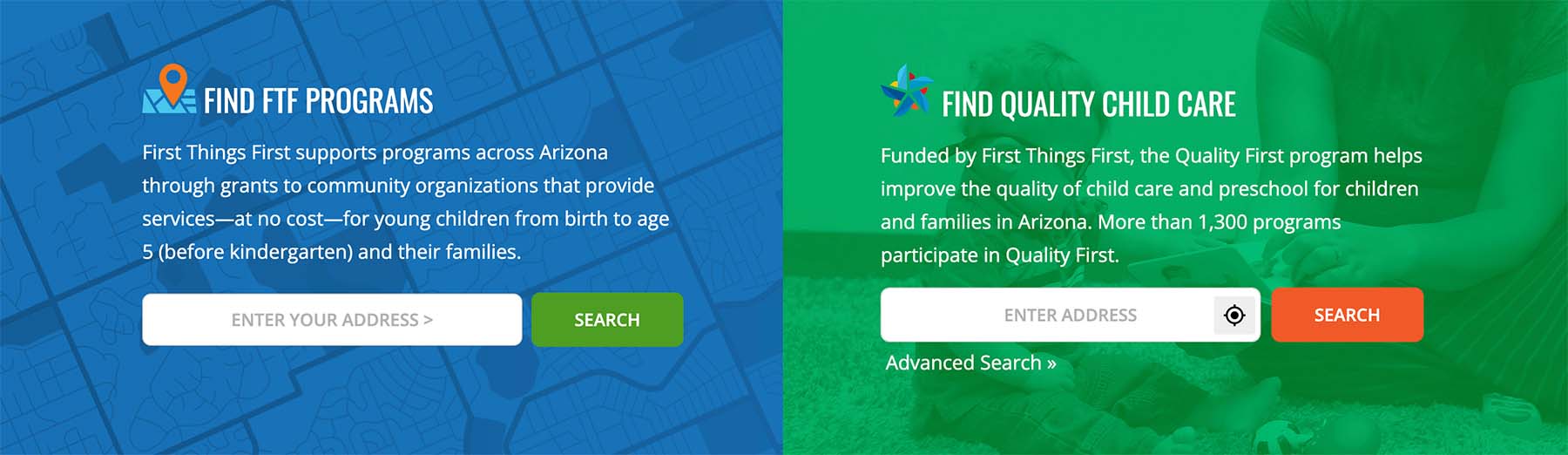 A detail from the First Things First website showing lookup tools for finding programs and finding child care