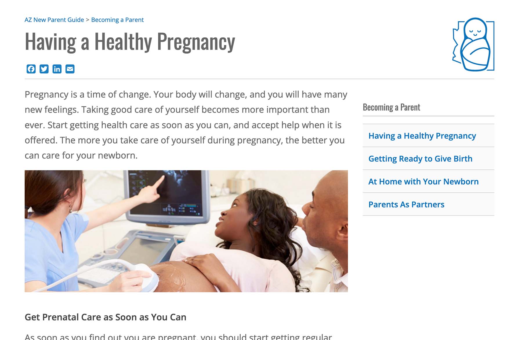 A detail from the First Things First website showing an article about having a healthy pregnancy