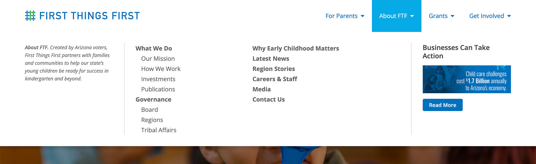 The navigation menu of the desktop version of the First Things First website
