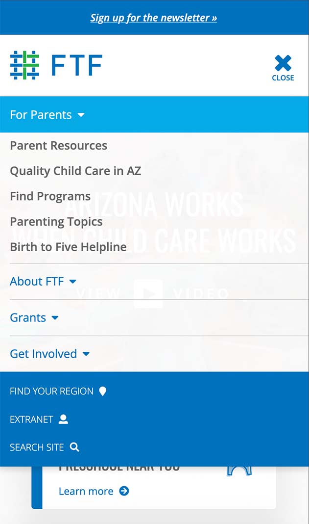 The navigation menu for mobile version of the First Things First website