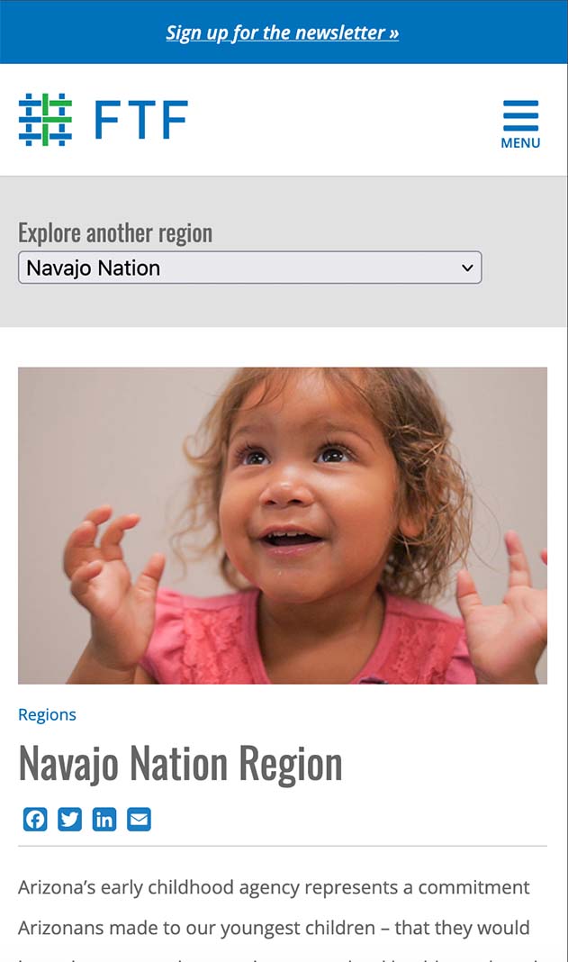 A mobile webpage from the First Things First website showing a region page for Navajo Nation
