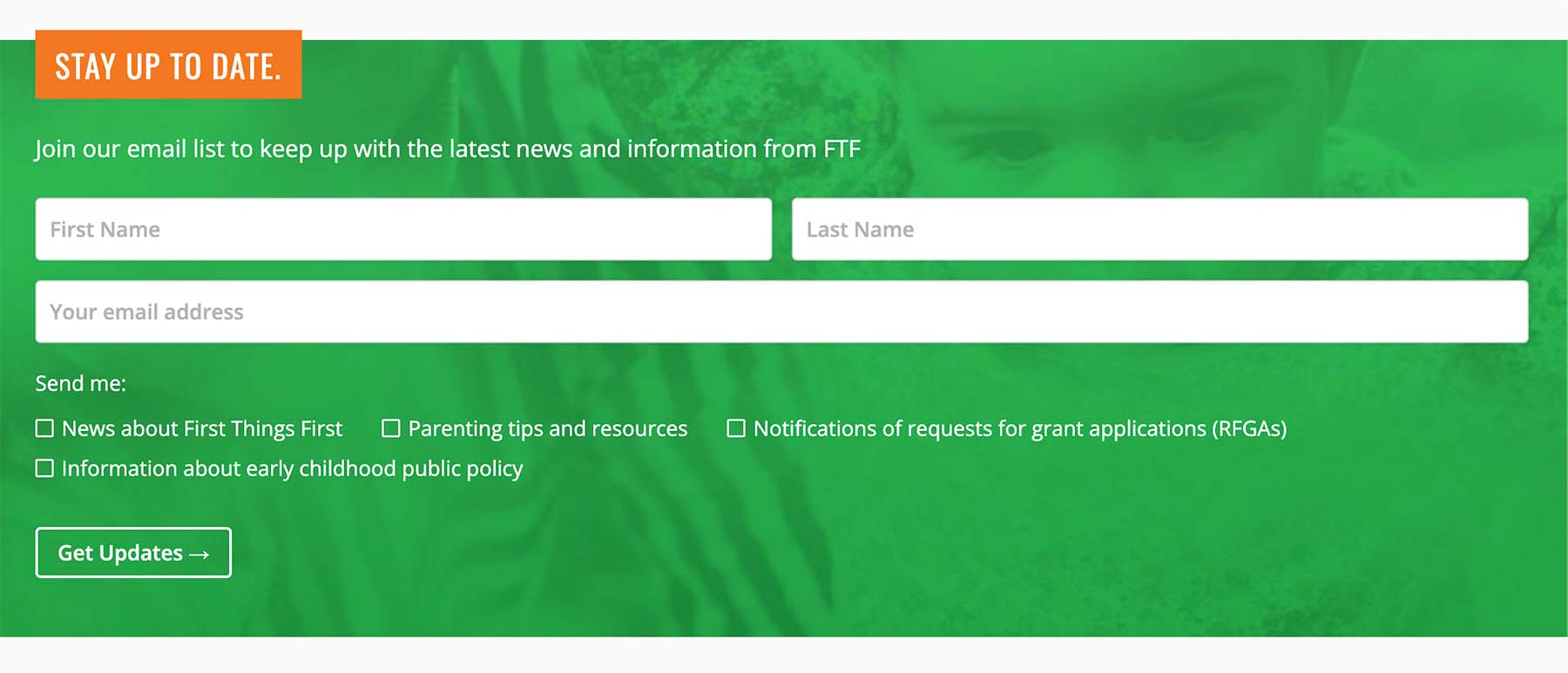 A detail from the First Things First website showing a newsletter signup