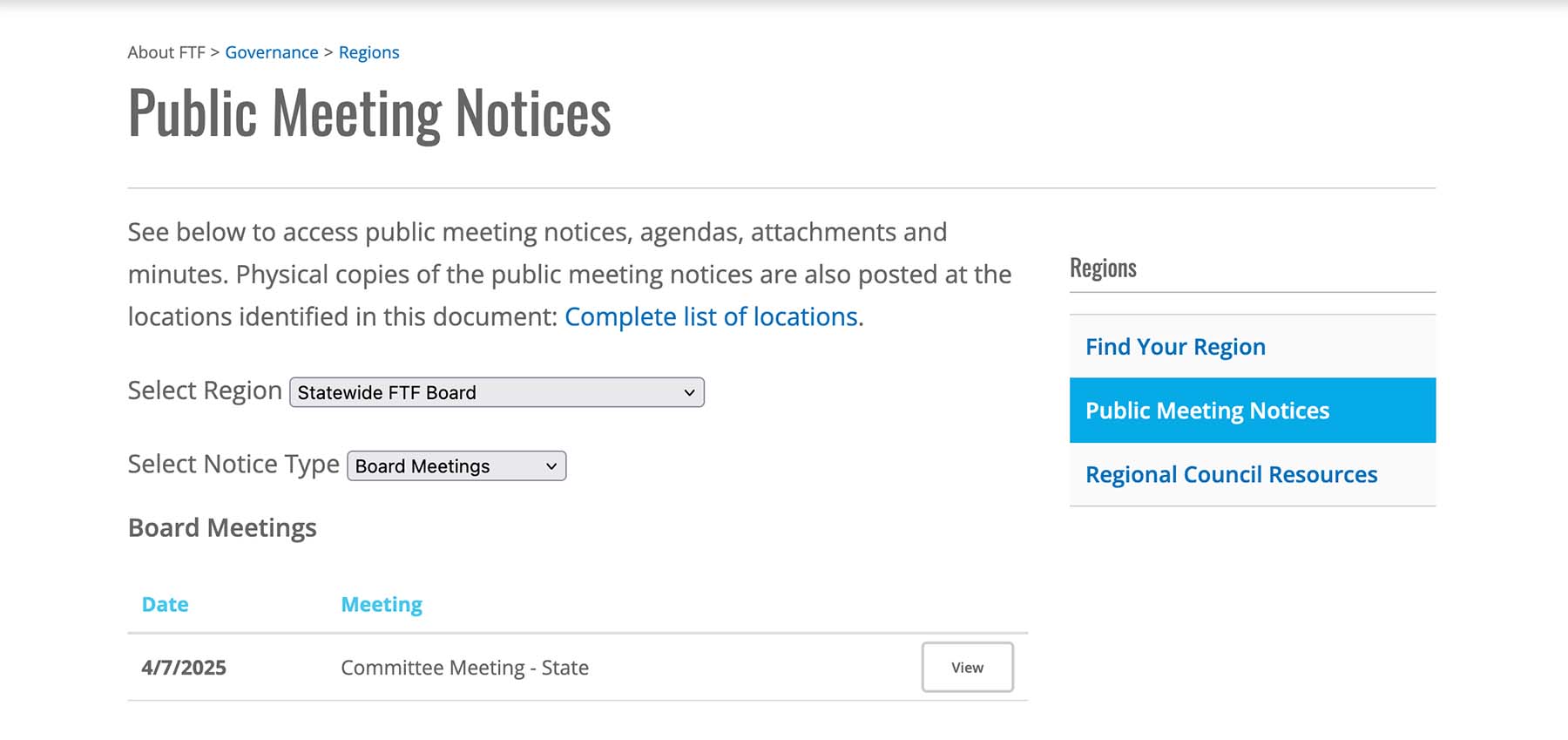 A detail from the First Things First website showing a lookup tool for public meeting notices