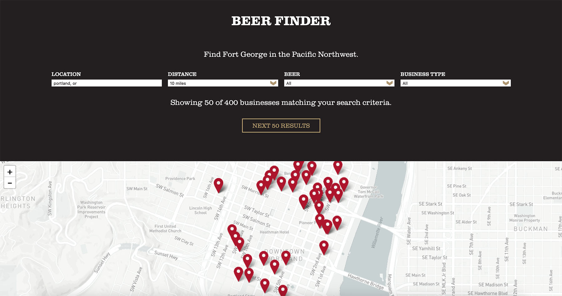A beer finder tool showing search fields from the Fort George Brewery website