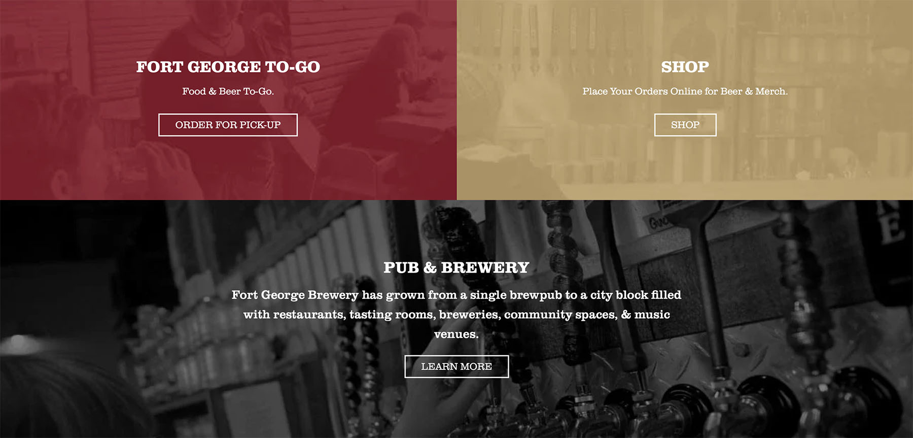 A detail featuring call to action blocks from the Fort George Brewery website