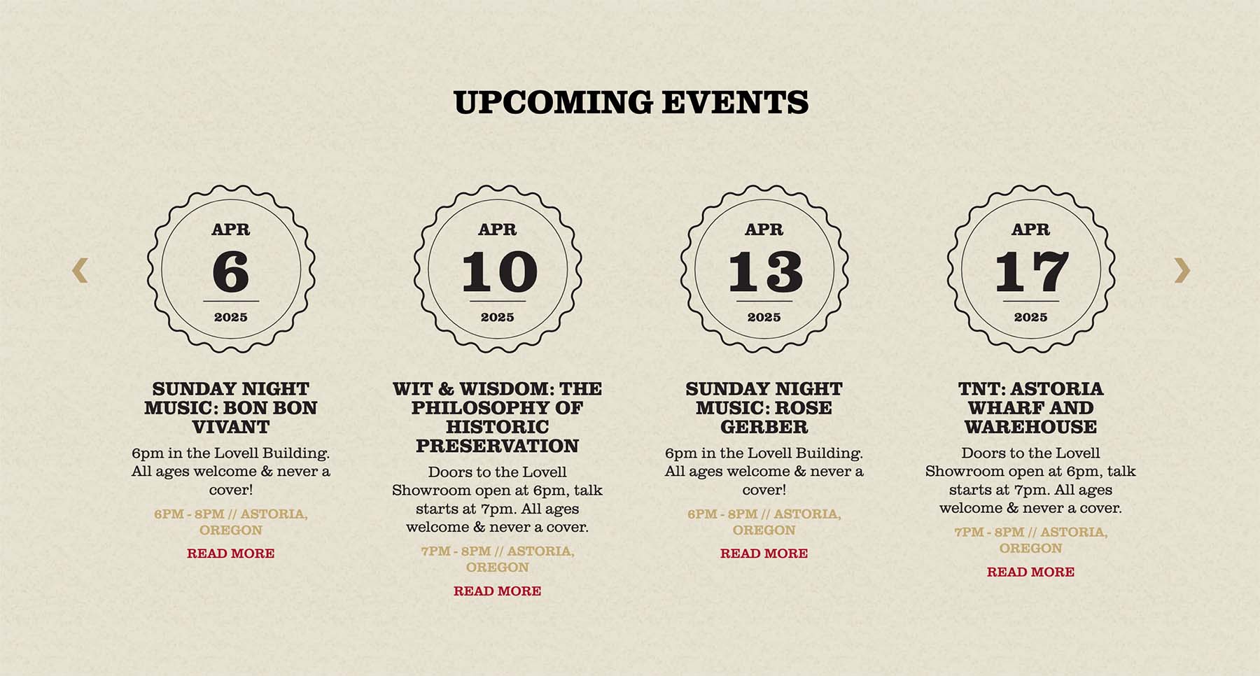A website content module from the Fort George Brewery website showing upcoming events