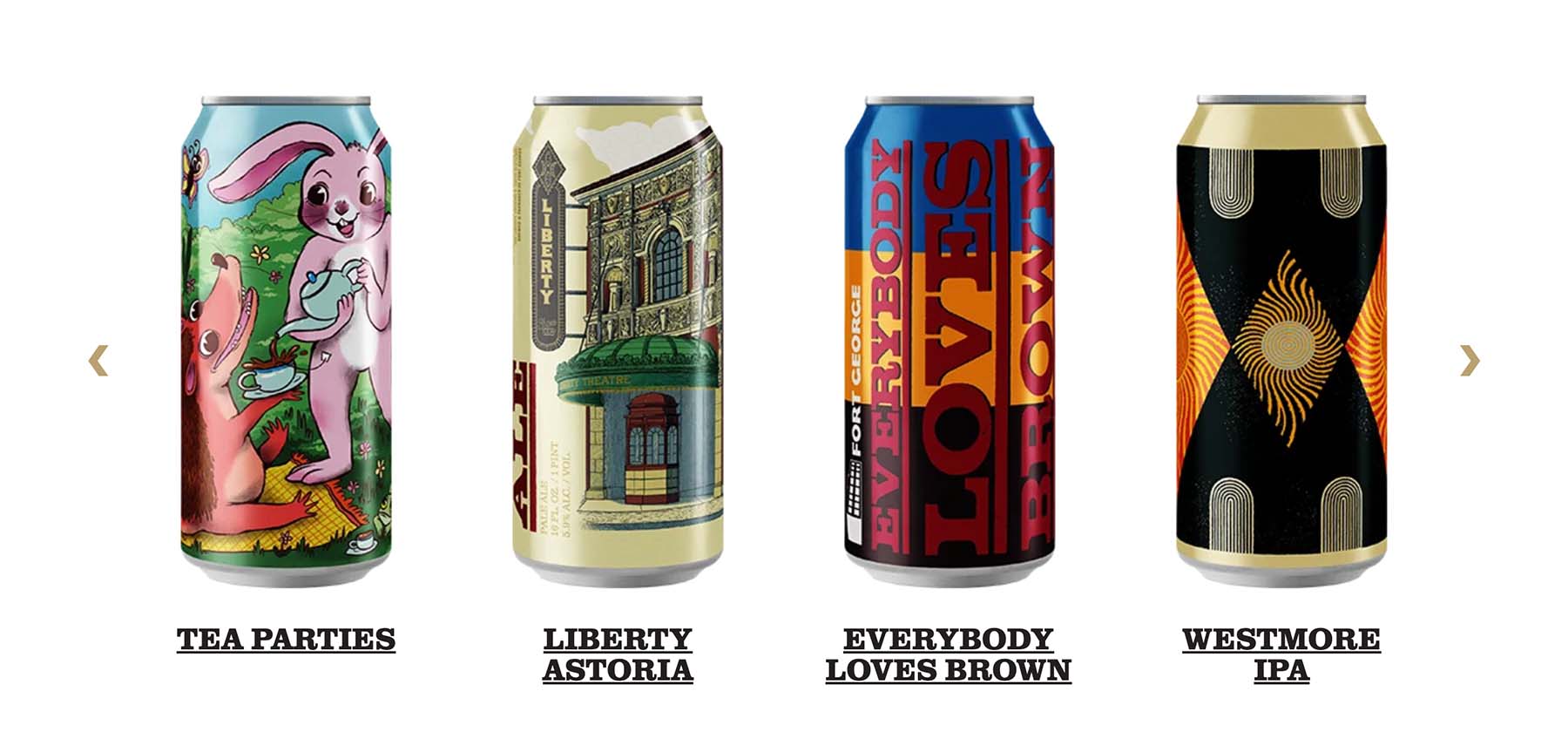 A website content module from the Fort George Brewery website showing a carousel of four beers