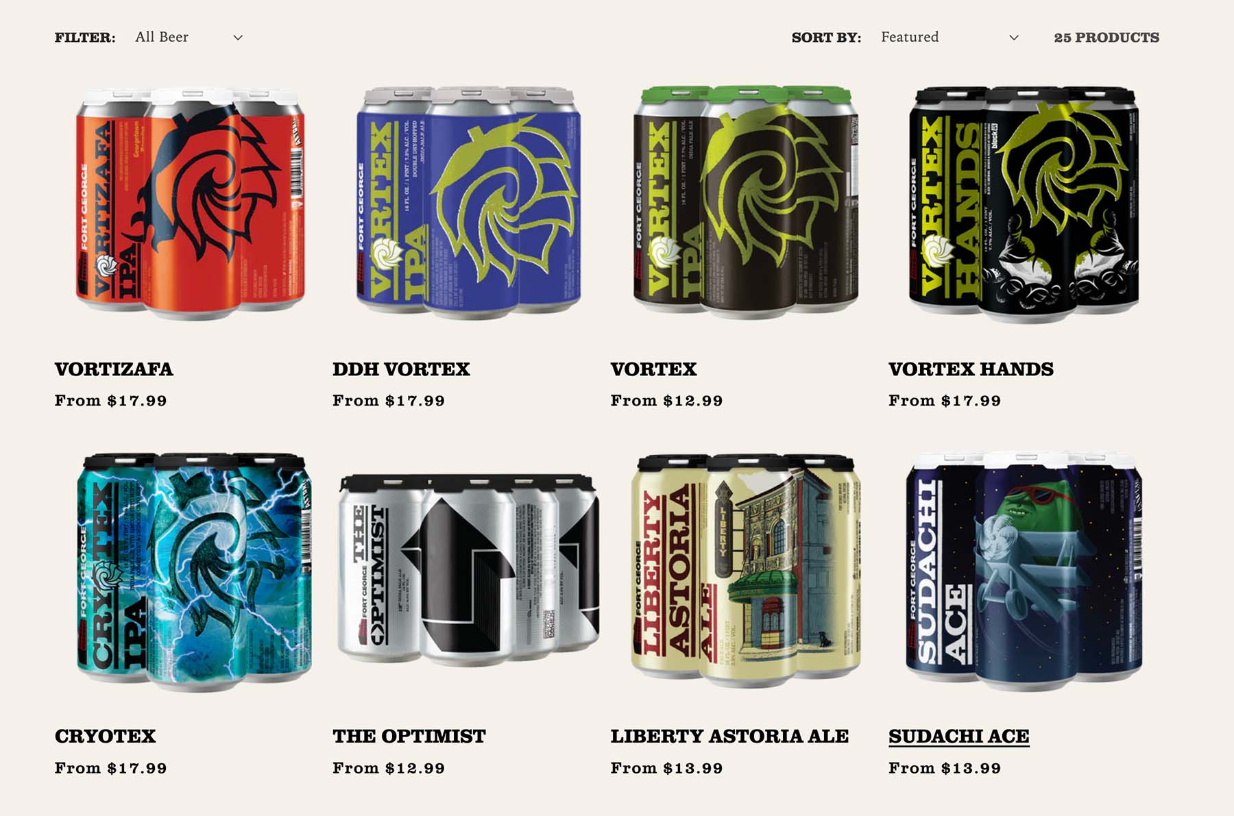 A filterable grid of Fort George Brewery beers lifted from the online store