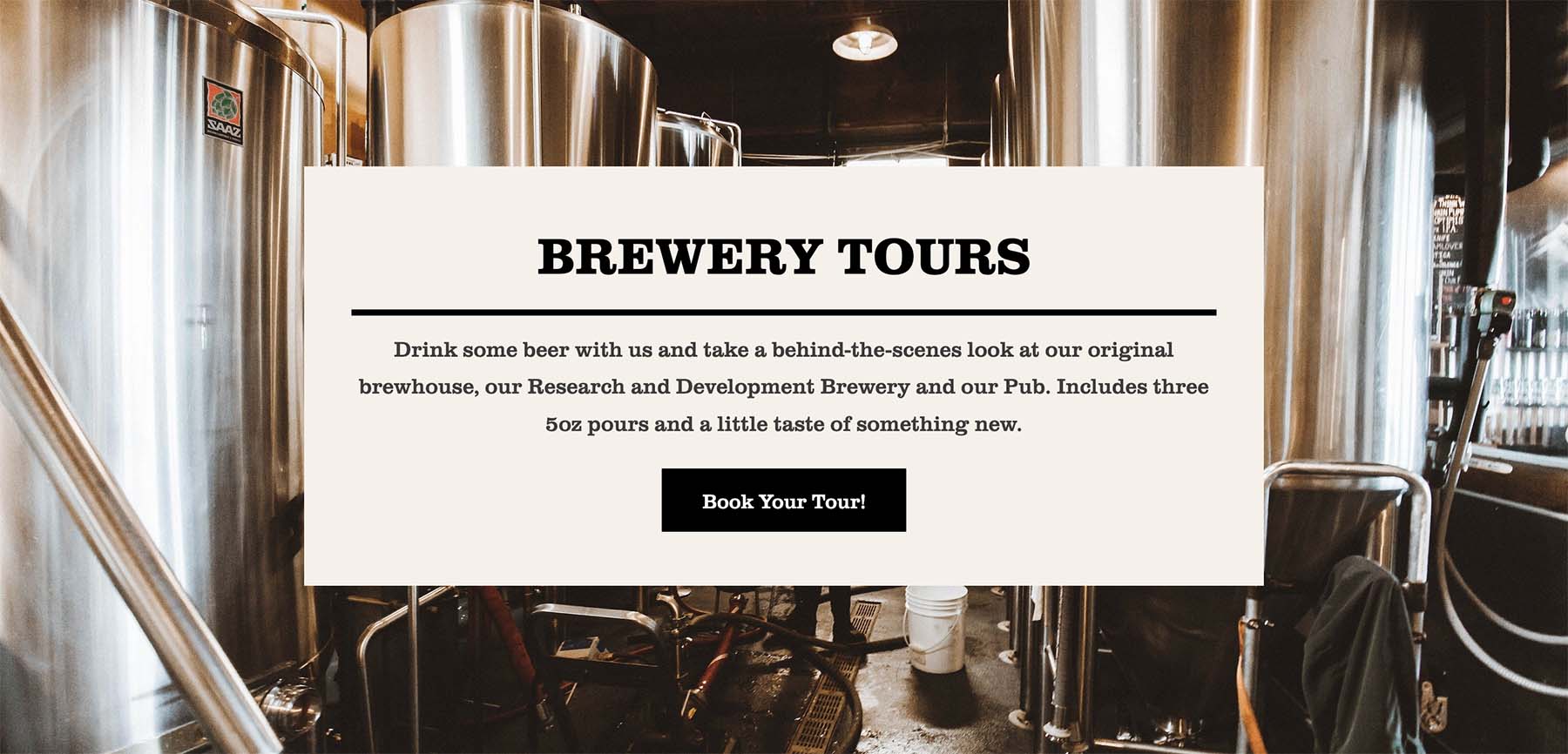 A content module from the Fort George Brewery online store showing a description of brewery tours with brewery equipment in the background