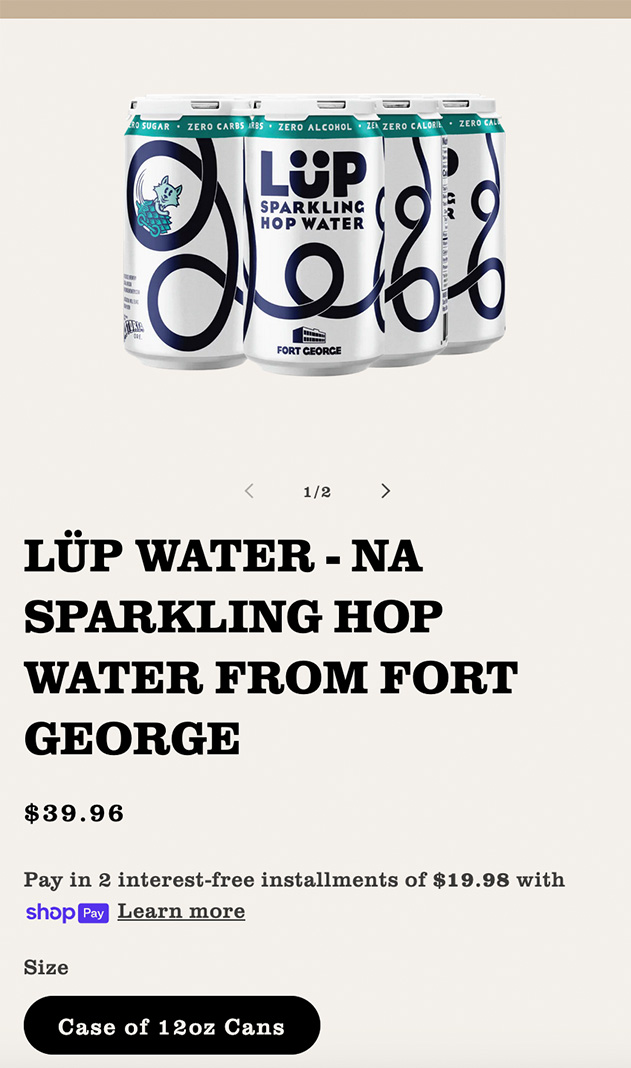 A detail of the product page for Lüp Water on the Fort George Brewery online store (mobile)