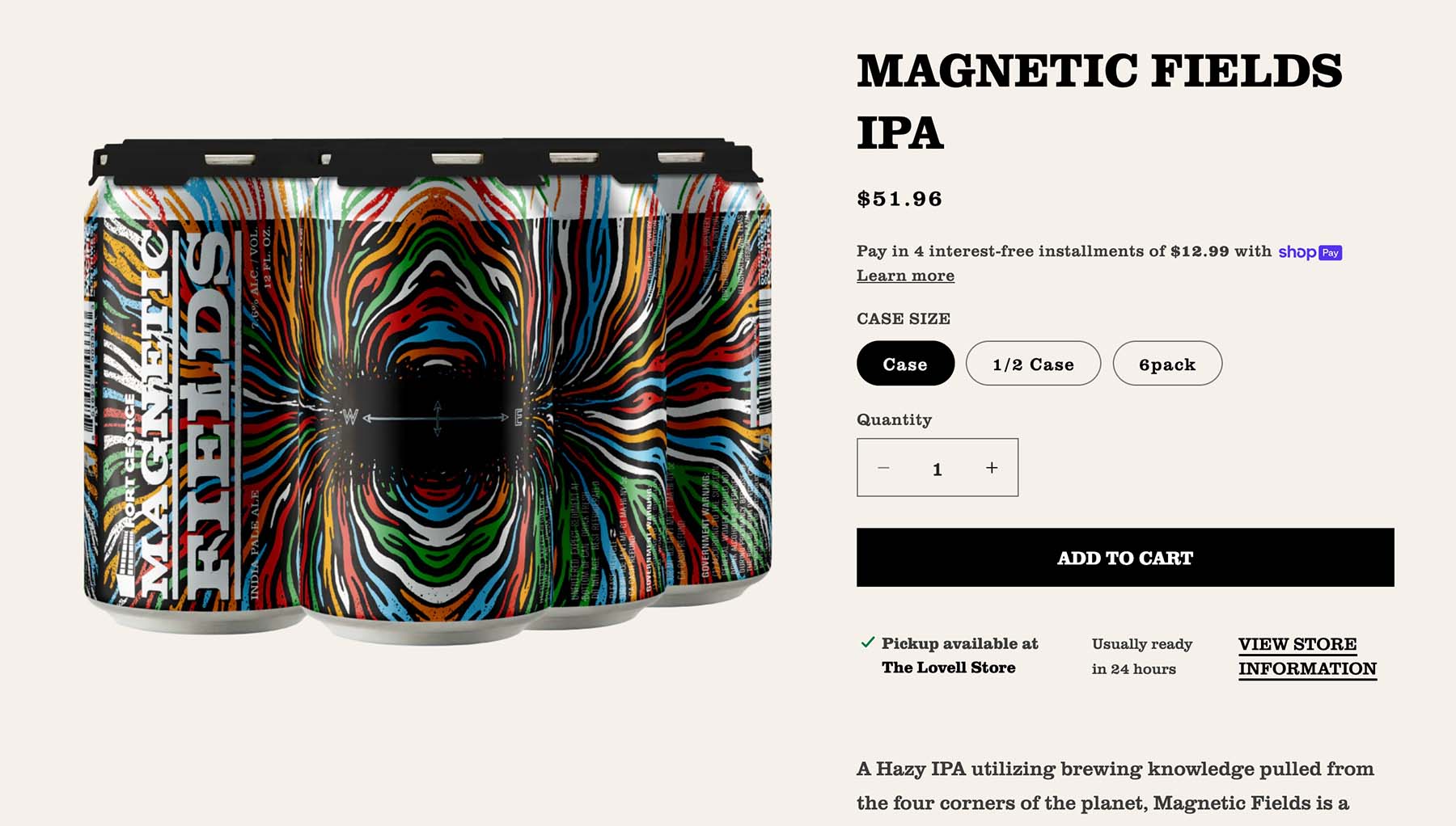 A detail of a product page for Magnetic Fields IPA on the Fort George Brewery online store