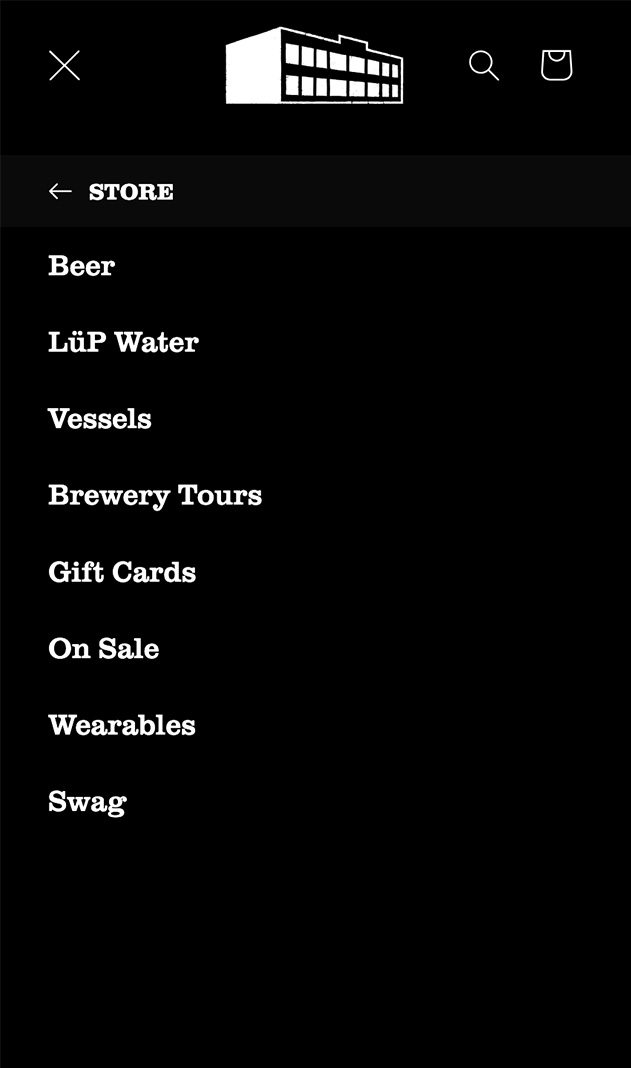 The mobile menu of the Fort George Brewery store website