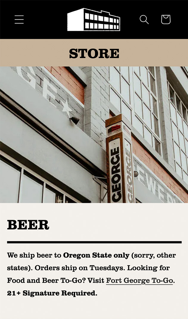 A mobile web page of the home page for the Fort George Brewery website