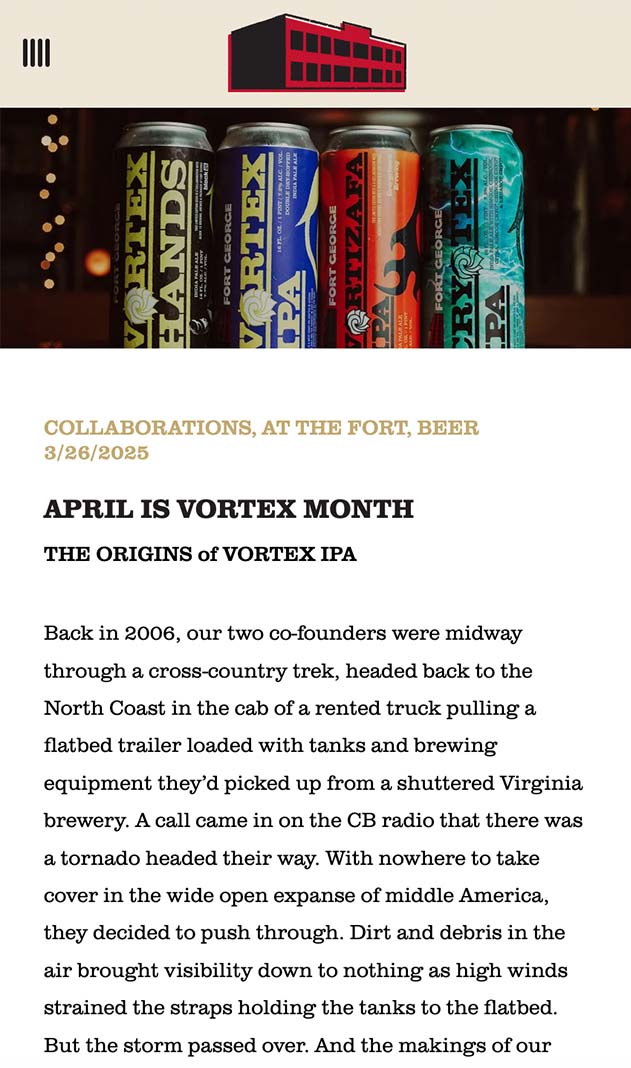 A mobile website page for Fort George Brewery titled "April is Vortex Month"
