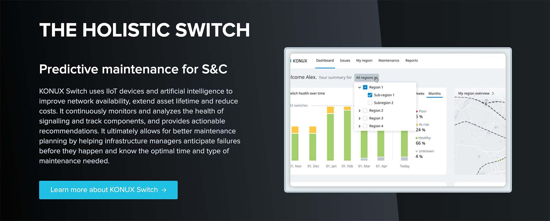 A detail of the KONUX website featuring a pairing of an application screenshot and text
