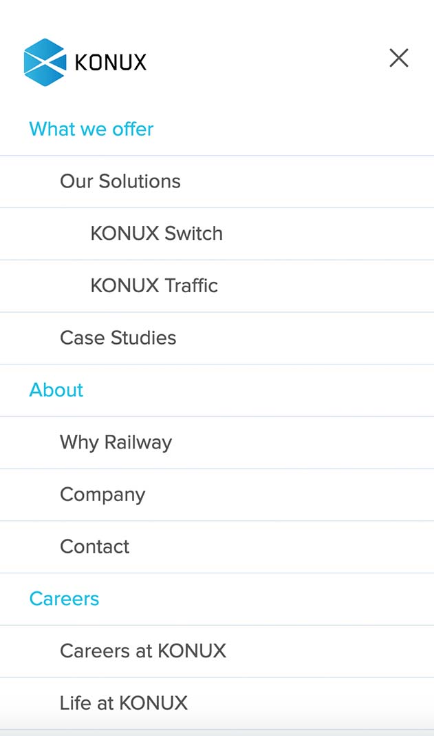 The navigation menu for the mobile version of the KONUX website