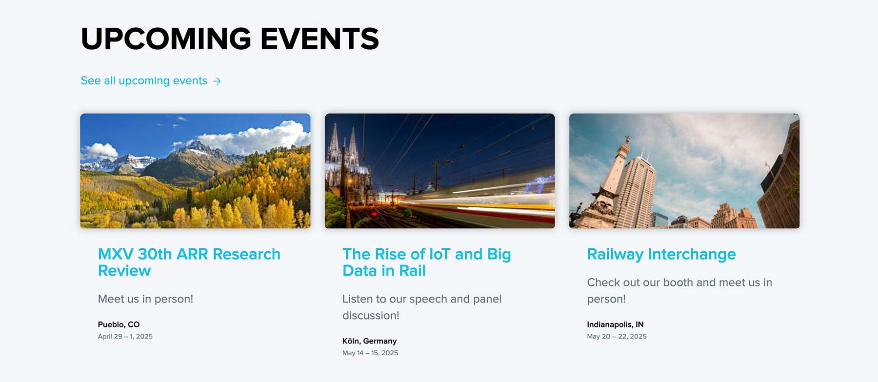 A detail of the KONUX website featuring clickable cards of upcoming events