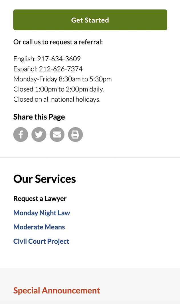 A detail from the mobile version of the New York City Bar Legal Referral Service website featuring various links