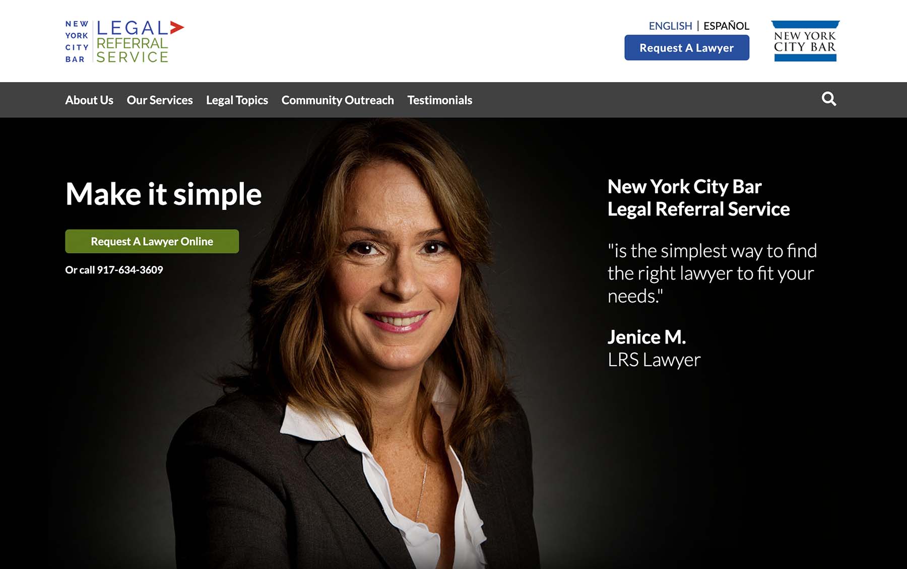 The home page of the New York City Bar Legal Referral Service website