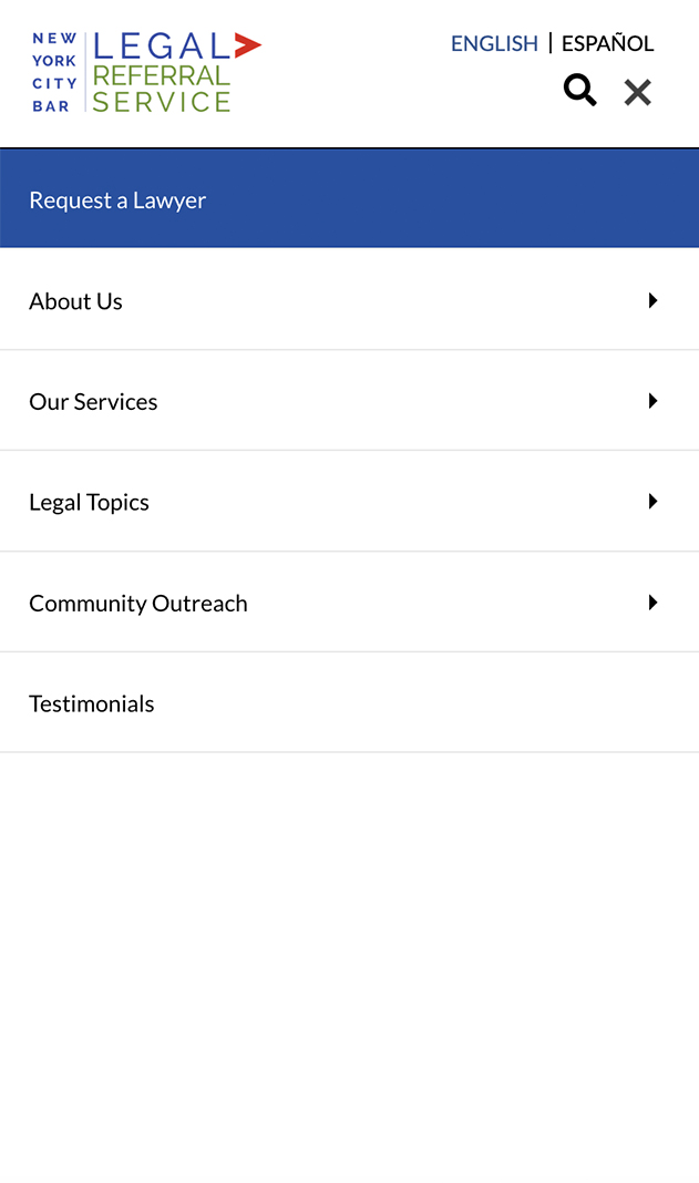 The mobile navigation menu for the New York City Bar Legal Referral Service
