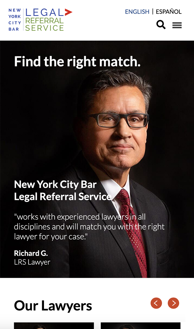 The home page of the mobile version of the New York City Bar Legal Referral Service