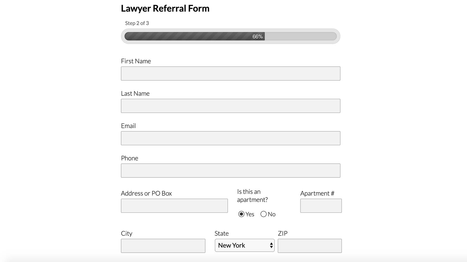 A detail from the New York City Bar Legal Referral Service website showing a lawyer referral form