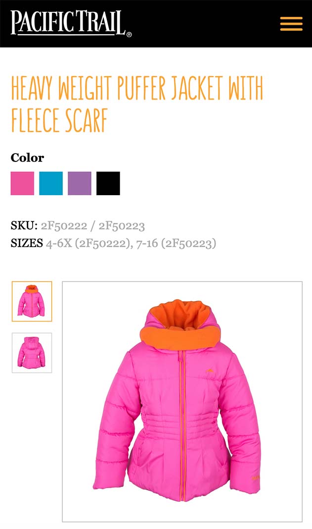 A detail of the mobile version of the Pacific Trail website showing a pink puffer jacket, color options and photo thumbnails
