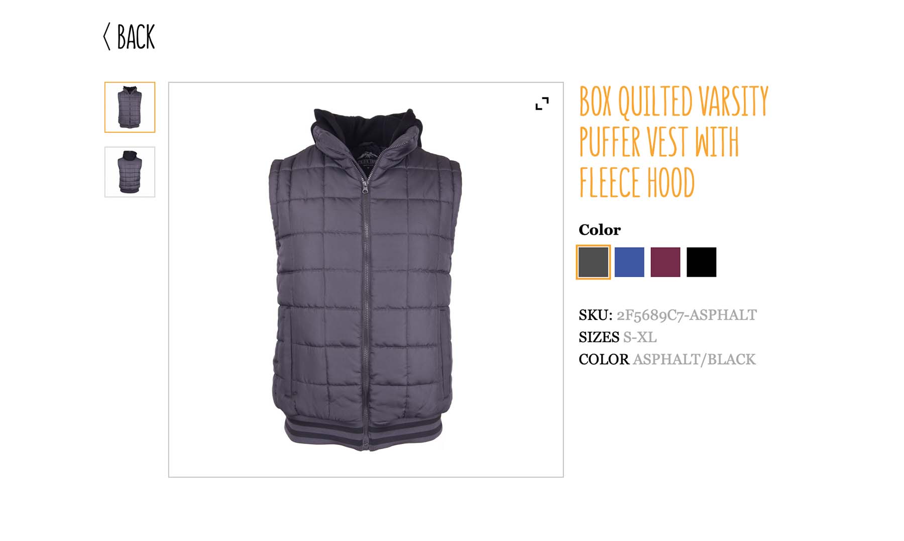 A detail of the Pacific Trail website showing a puffer vest with photo thumbnails and color options
