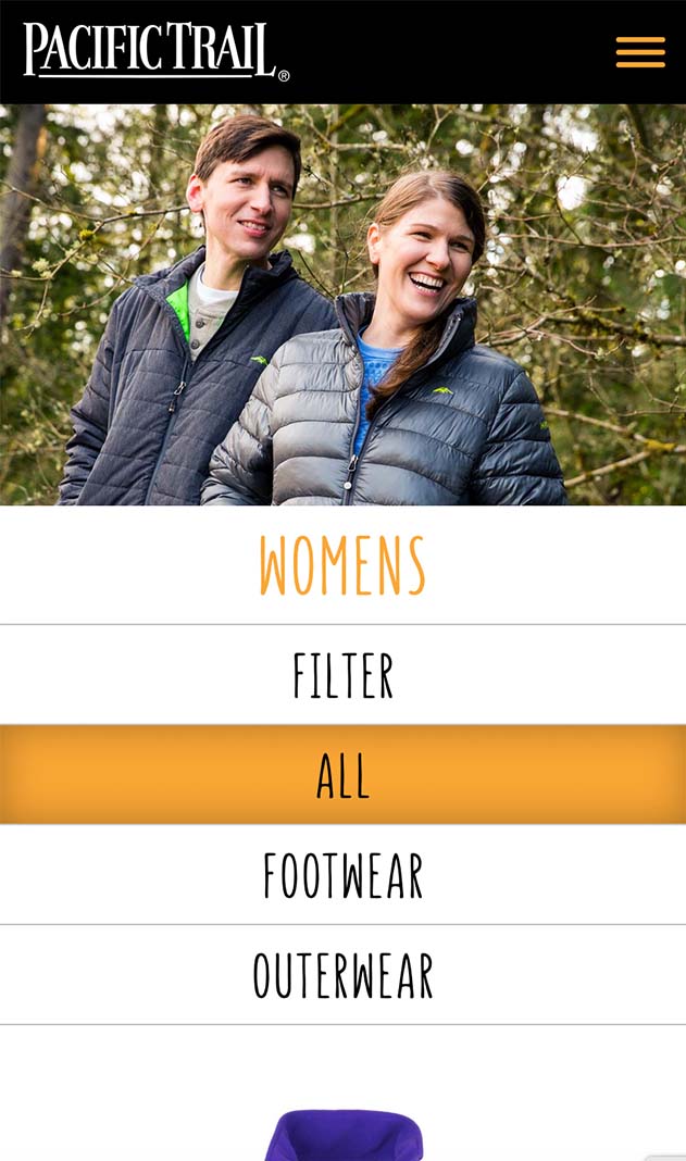 The mobile version of the Pacific Trail website showing product filtering