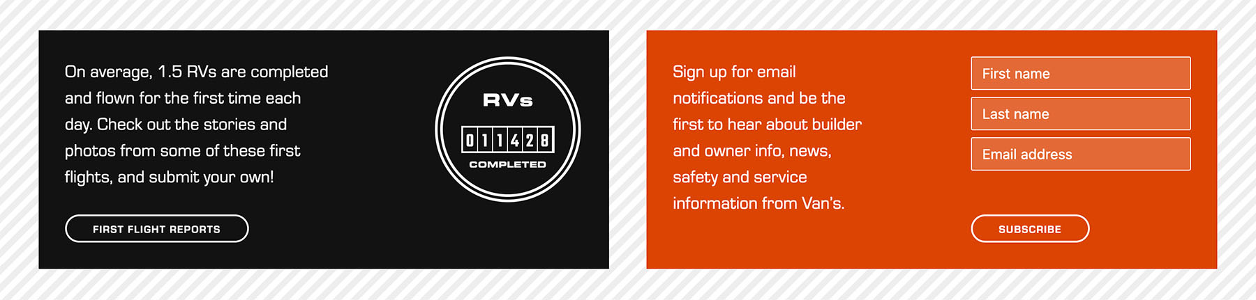 A website content module displaying statistics about completed RVs and a newsletter signup form