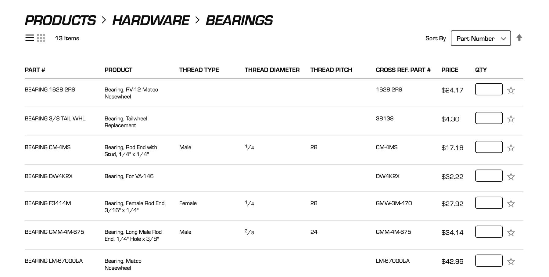 A detail from a category page of the Van's Aircraft online store showing bearings