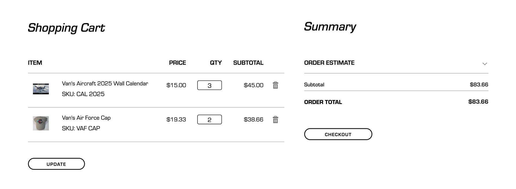 A detail of the checkout process of the Van's Aircraft online store showing a shopping cart and order total