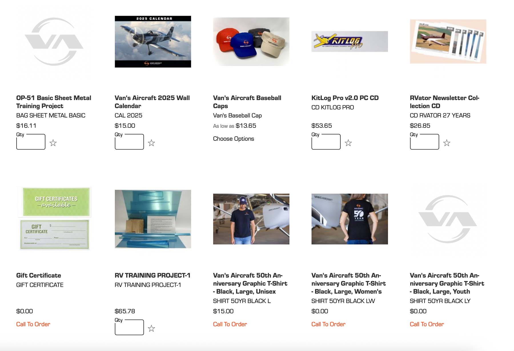 A detail from the Van's Aircraft online store featuring a grid of gift items