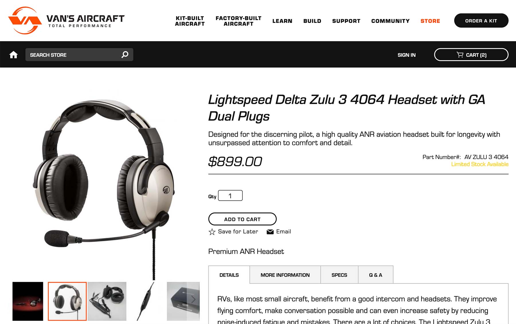 A product page of the Van's Aircraft online store featuring the LIghtspeed Delta Zulu 4064 Headset with GA Dual Plugs