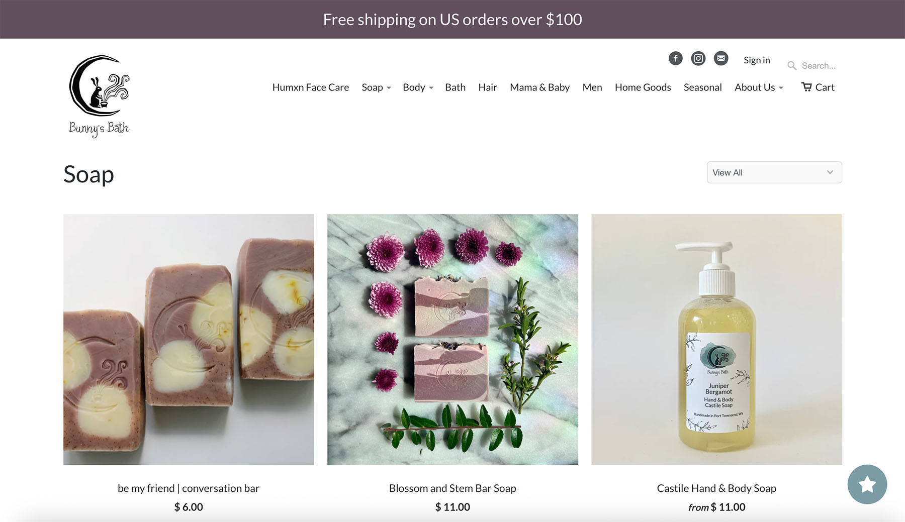 A detail from the Bunny's Bath online store featuring the soap category