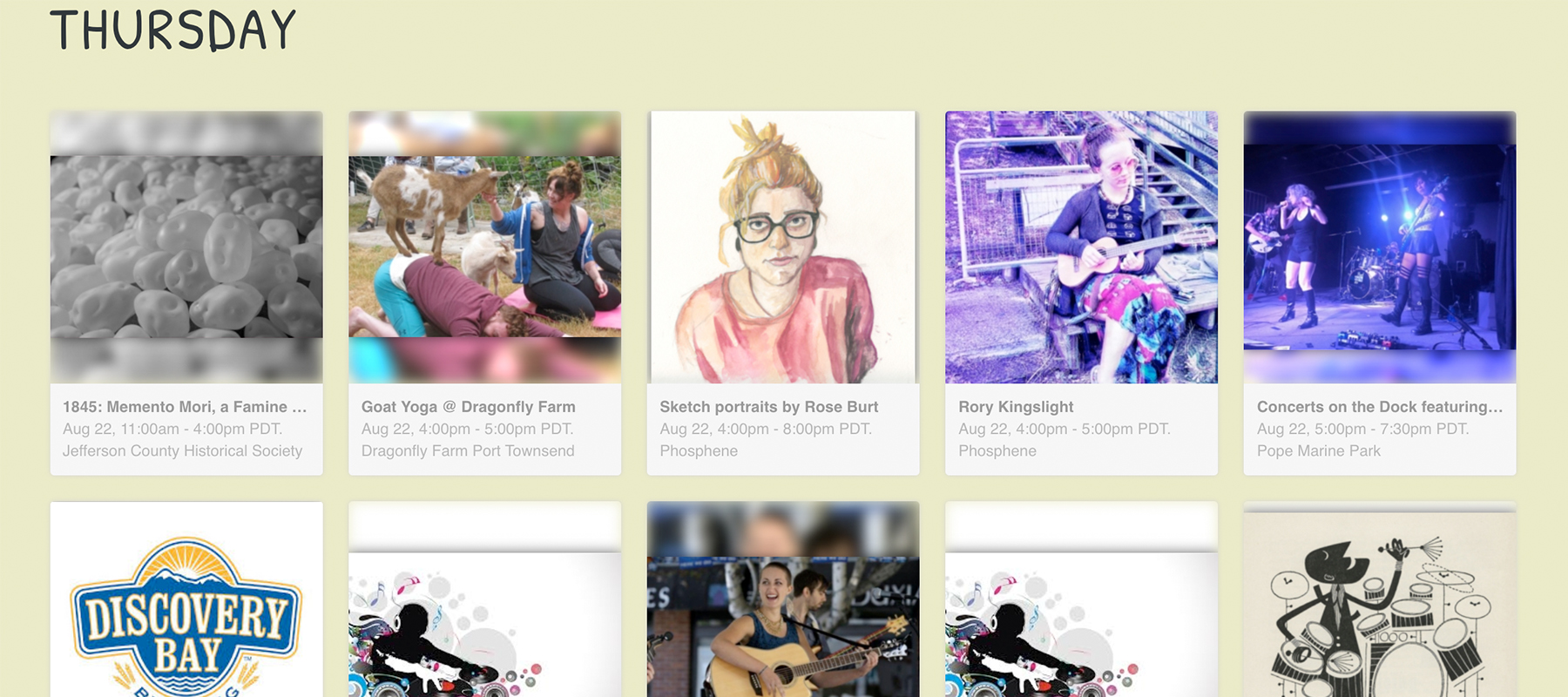 A detail from the Port Townsend Soundcheck website showing a listing of events in a card grid