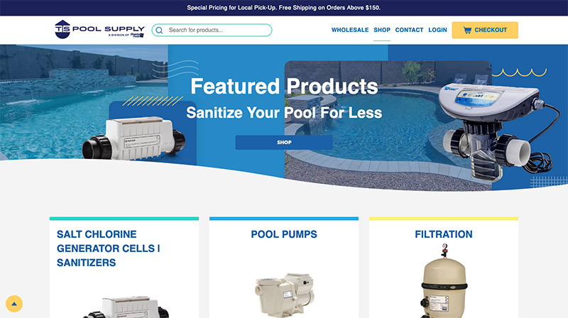 The home page of the TS Pool Supply online store