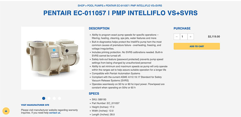 A detail from the TS Pool Supply online store showing details for a Pentair pool pump