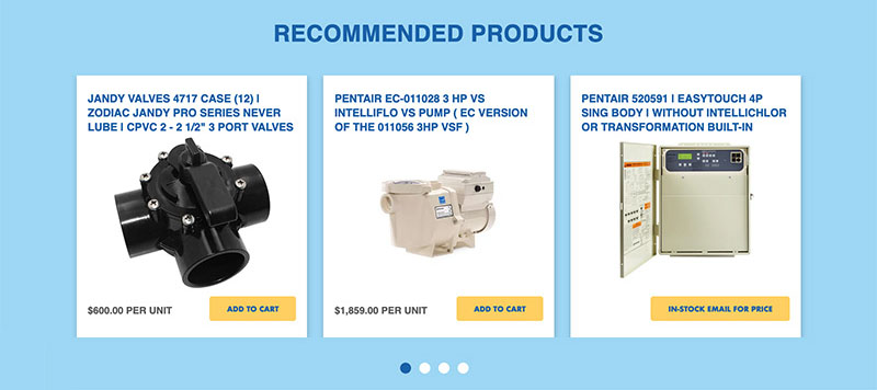 A detail from the TS Pool Supply store showing a carousel of recommended products