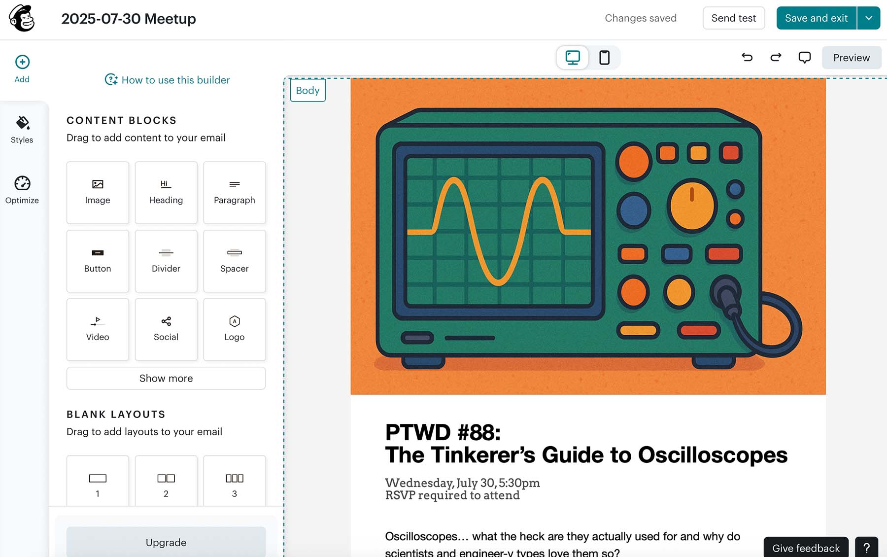 A screenshot of editing an email campaign in MailChimp