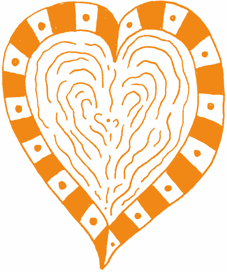 A stylized heart with checkered border and wood grain interior