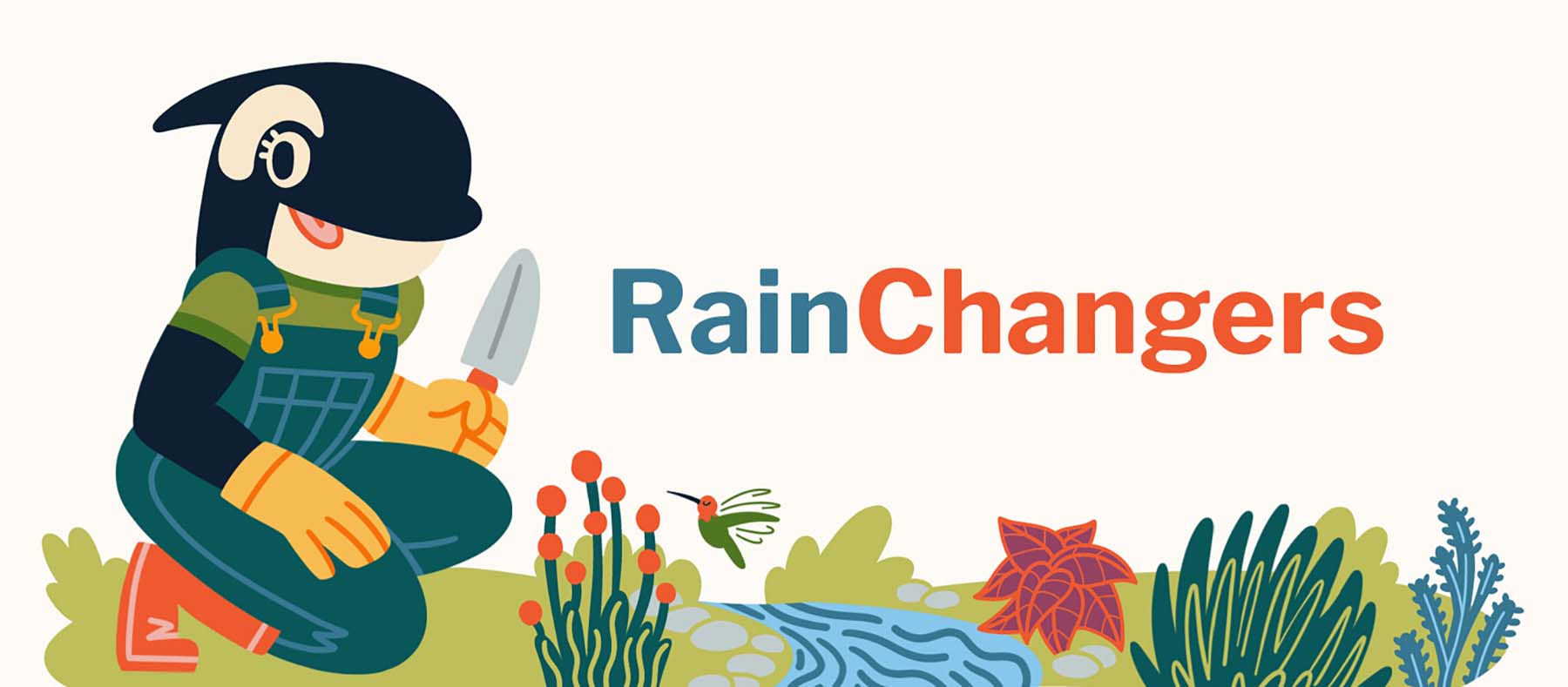 An anthropomorphized orca tends to a rain garden with the text RainChangers appearing next to it